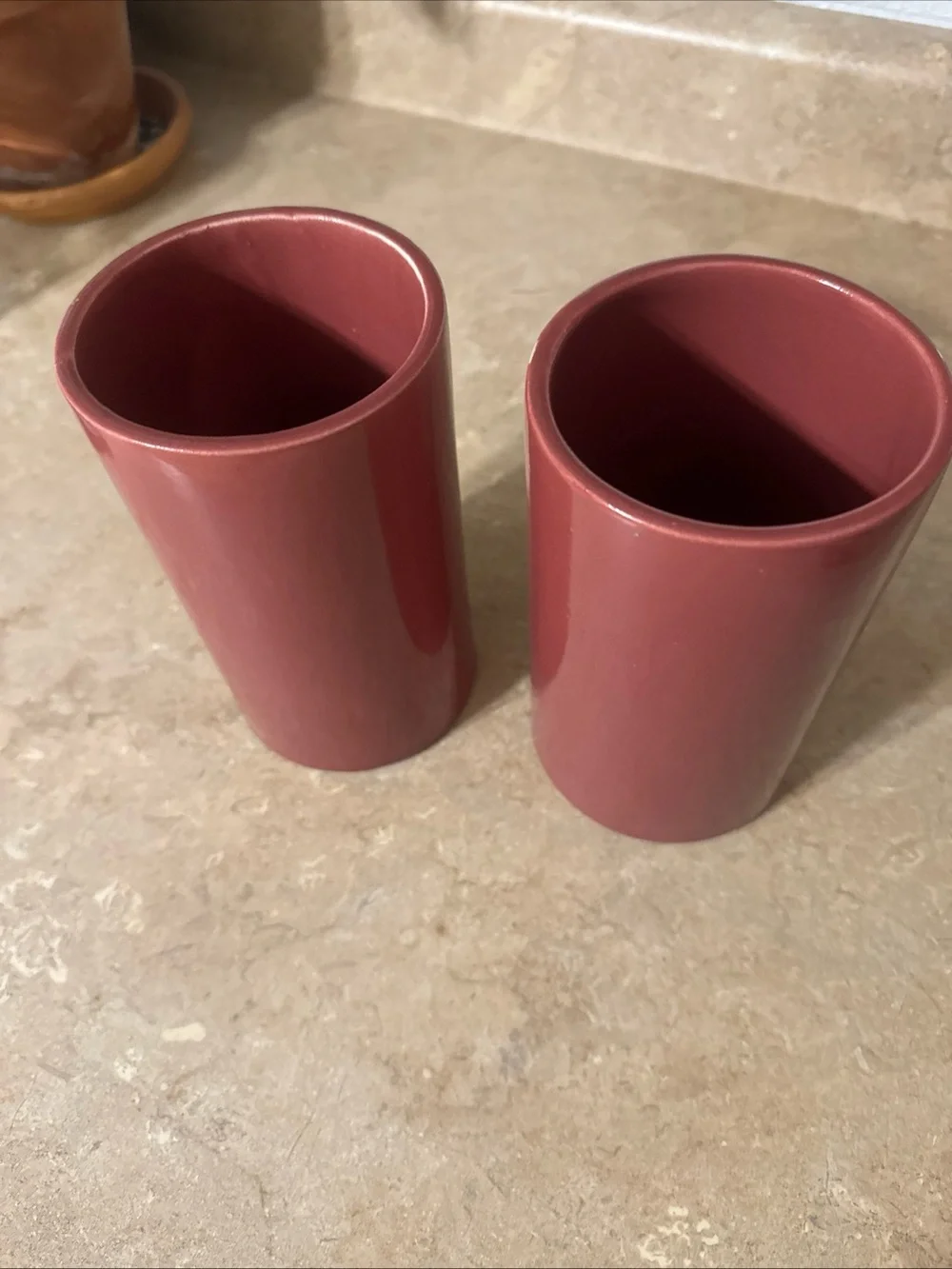 Pair Of vintage C R USA mid-century ceramic cylinder vases 6.5” Tall Dusty Rose
